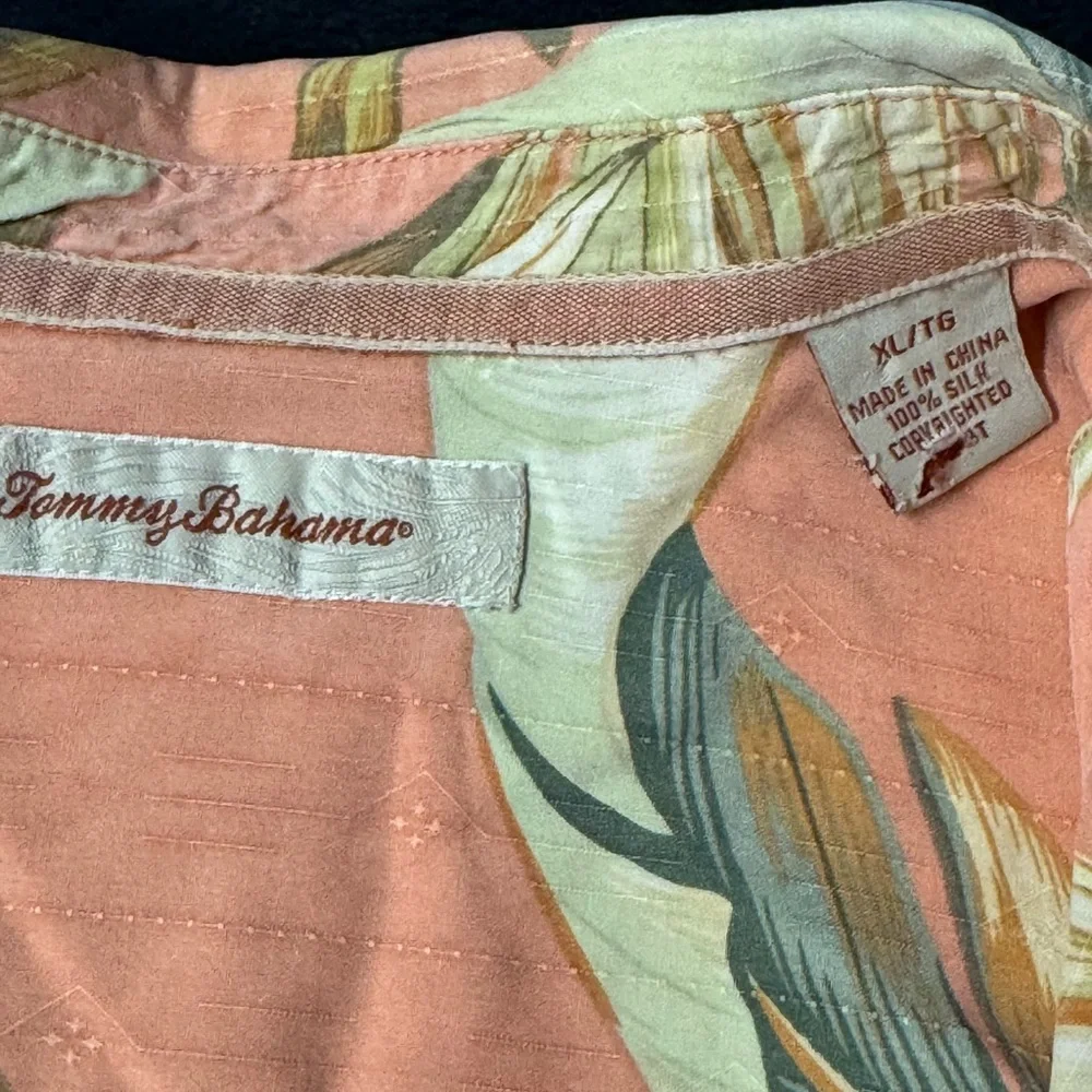 Vintage Tommy Bahama Coral and Green Leaf Shirt - Picture 2 of 5